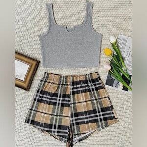 Pajama set with gray tank top and plaid sleep shorts